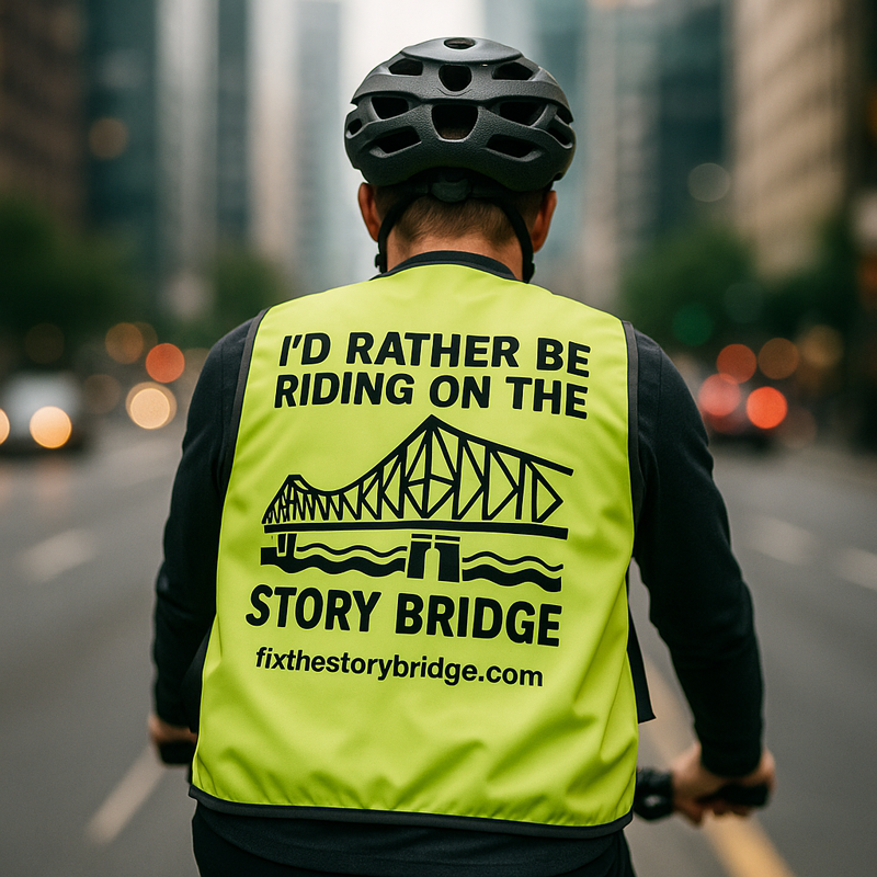 Safety vest with 'I'd rather be riding on the Story Bridge' printed on the back